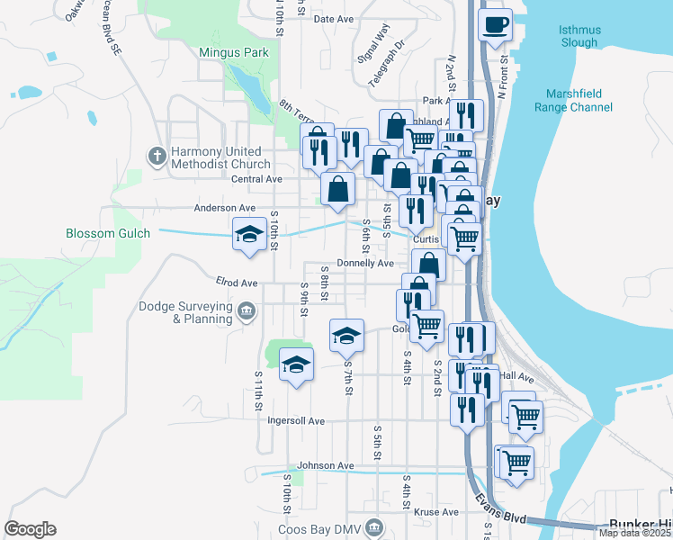 map of restaurants, bars, coffee shops, grocery stores, and more near 775 Donnelly Avenue in Coos Bay