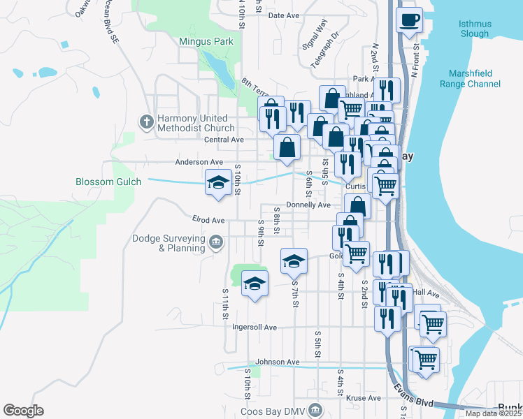 map of restaurants, bars, coffee shops, grocery stores, and more near 877 Donnelly Avenue in Coos Bay