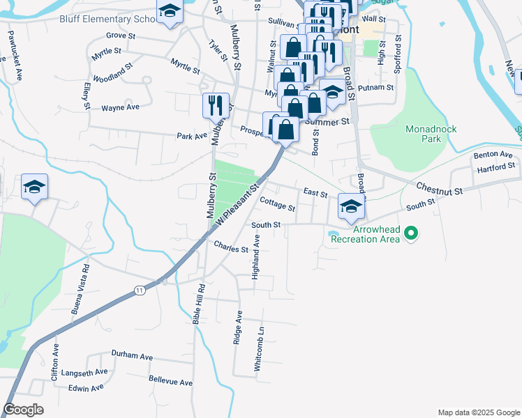 map of restaurants, bars, coffee shops, grocery stores, and more near 9 Cottage Street in Claremont