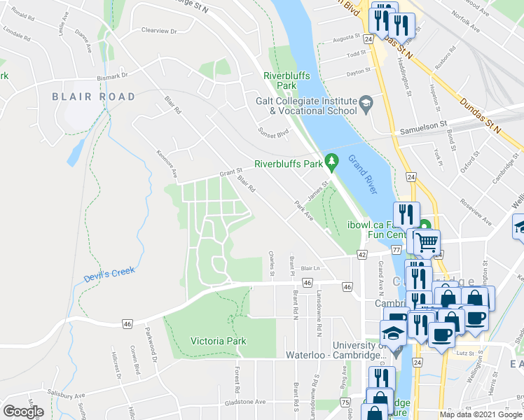 map of restaurants, bars, coffee shops, grocery stores, and more near 125 Blair Road in Cambridge