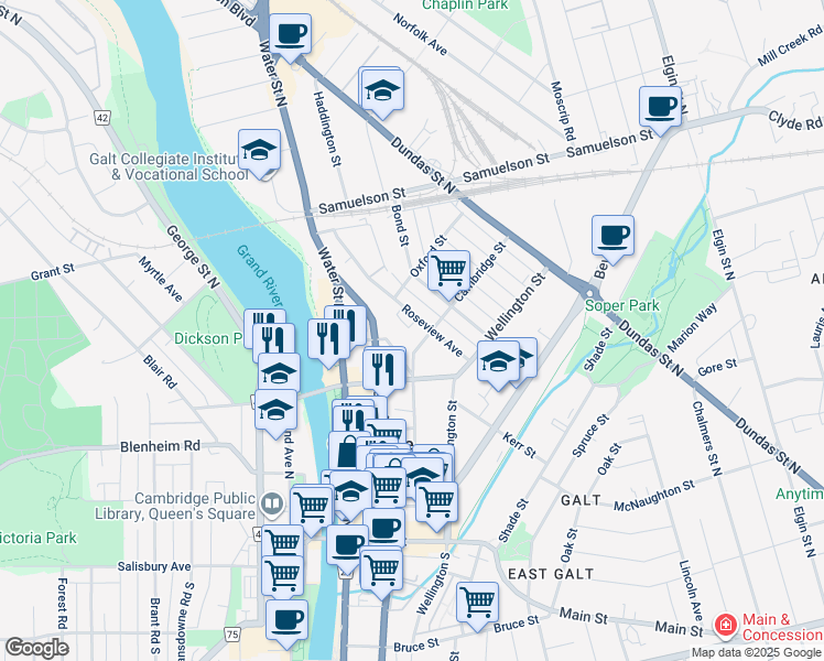 map of restaurants, bars, coffee shops, grocery stores, and more near 36 Roseview Avenue in Cambridge
