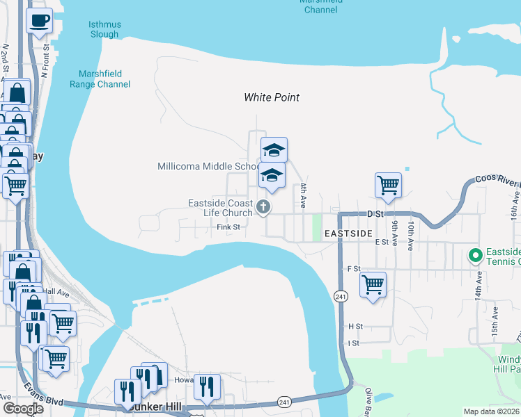 map of restaurants, bars, coffee shops, grocery stores, and more near 374 1st Avenue in Coos Bay