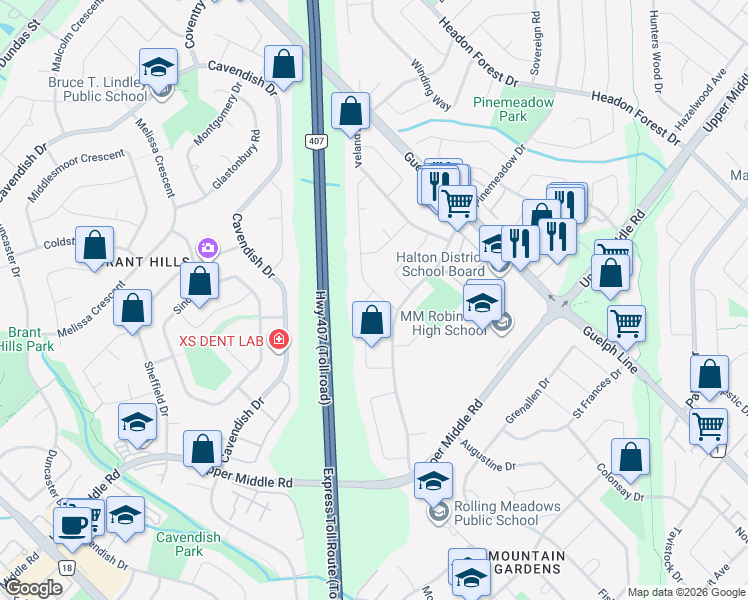 map of restaurants, bars, coffee shops, grocery stores, and more near 2420 Hereford Crescent in Burlington
