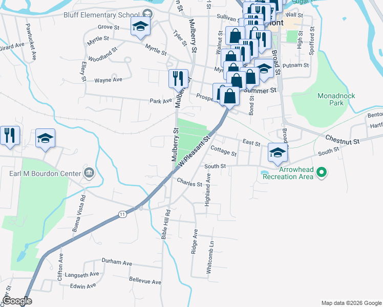 map of restaurants, bars, coffee shops, grocery stores, and more near 26 West Pleasant Street in Claremont