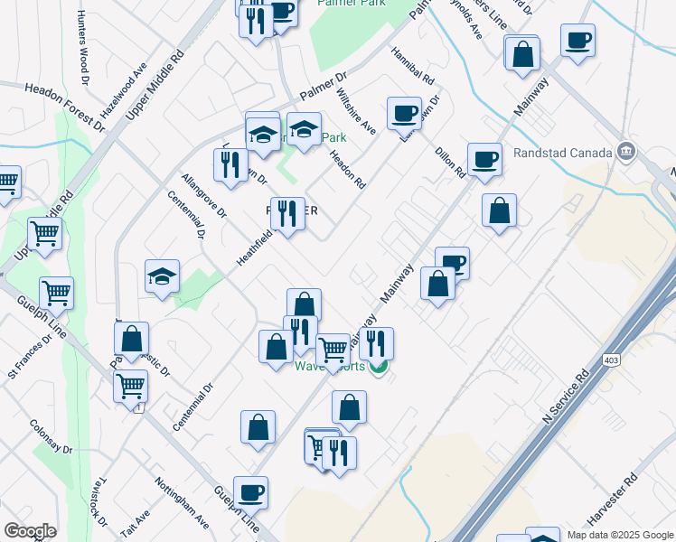 map of restaurants, bars, coffee shops, grocery stores, and more near 1273 Consort Crescent in Burlington