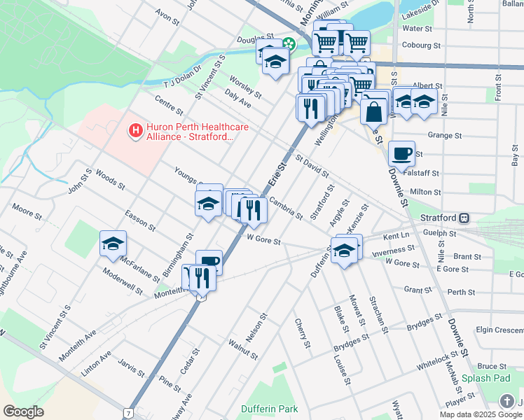 map of restaurants, bars, coffee shops, grocery stores, and more near 287 Ontario 7 in Stratford