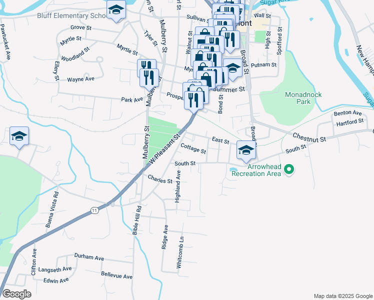 map of restaurants, bars, coffee shops, grocery stores, and more near 9 Cottage Street in Claremont