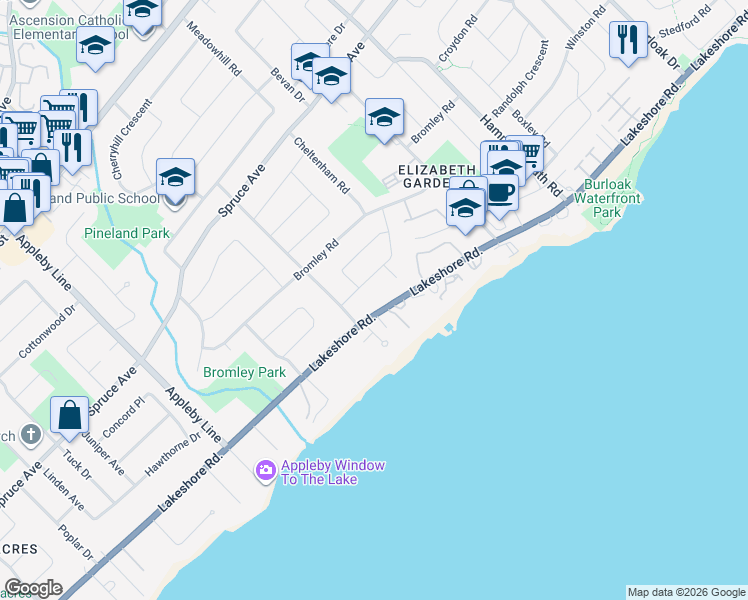 map of restaurants, bars, coffee shops, grocery stores, and more near 5181 Lakeshore Road in Burlington