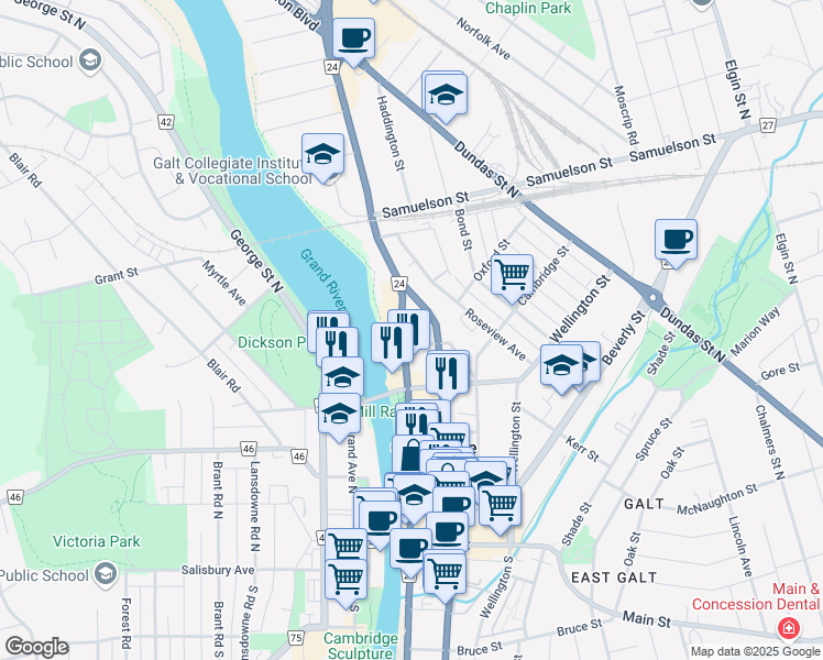 map of restaurants, bars, coffee shops, grocery stores, and more near 137 Water Street North in Cambridge