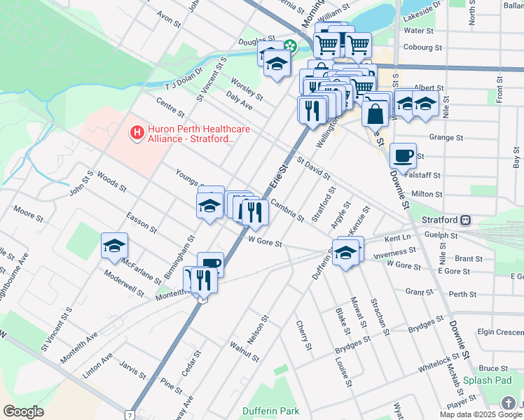 map of restaurants, bars, coffee shops, grocery stores, and more near 287 Ontario 7 in Stratford