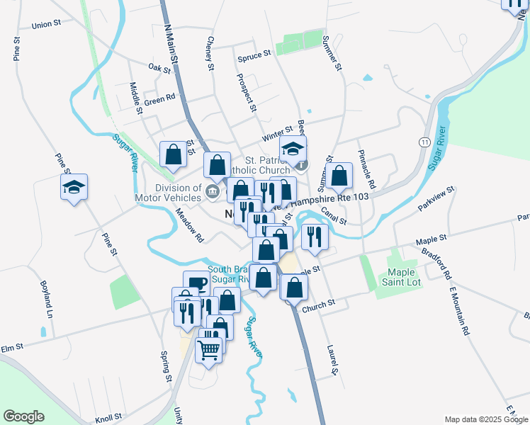 map of restaurants, bars, coffee shops, grocery stores, and more near 11 Sunapee Street in Newport