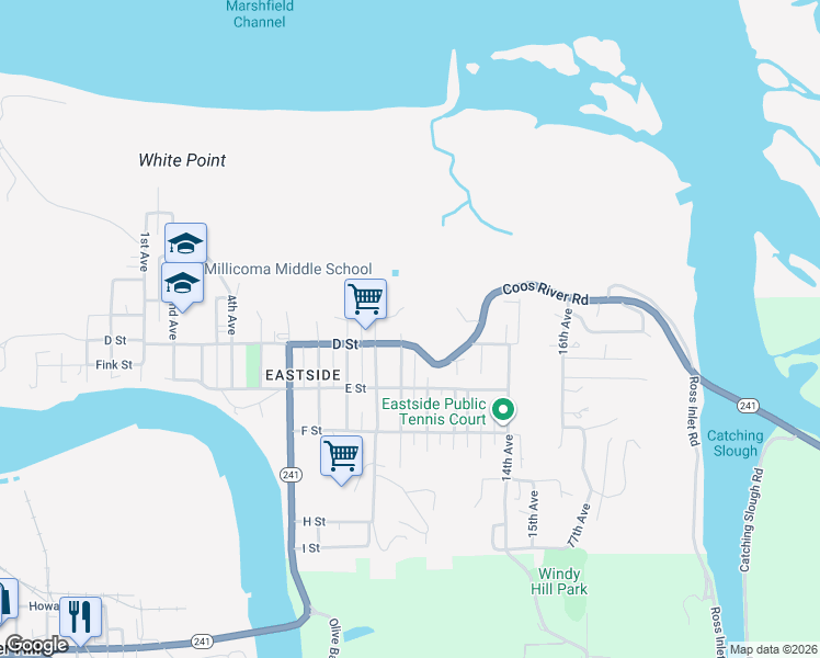 map of restaurants, bars, coffee shops, grocery stores, and more near 376 10th Avenue in Coos Bay