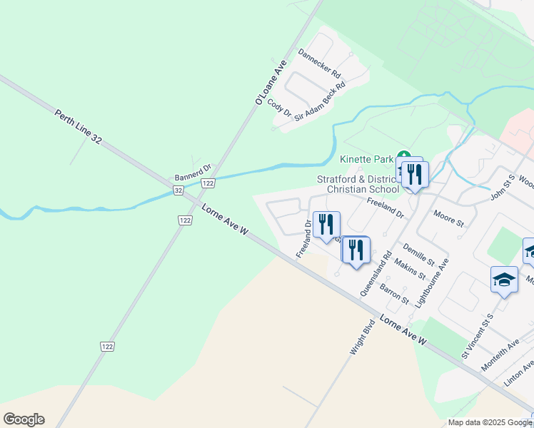 map of restaurants, bars, coffee shops, grocery stores, and more near 150 Athlone Crescent in Stratford