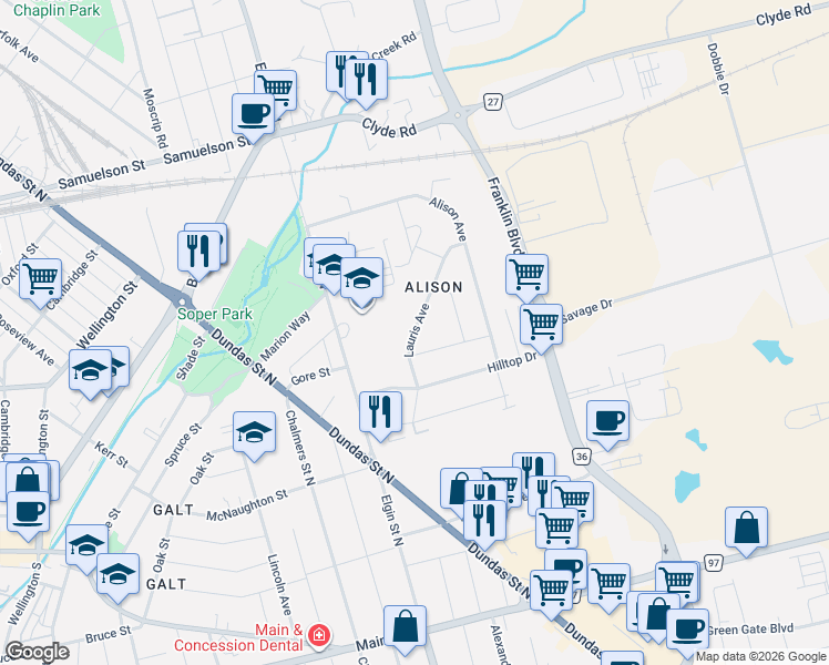 map of restaurants, bars, coffee shops, grocery stores, and more near Lauris Avenue in Cambridge