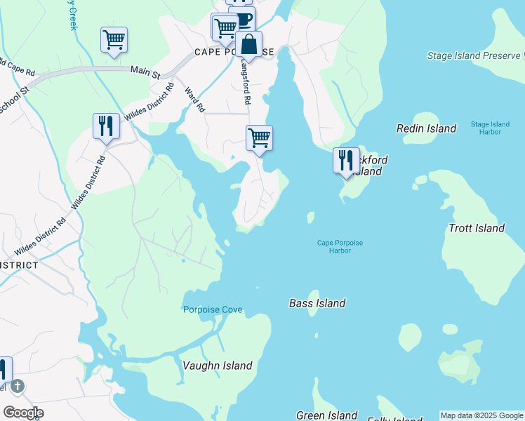 map of restaurants, bars, coffee shops, grocery stores, and more near 60 Langsford Road in Kennebunkport