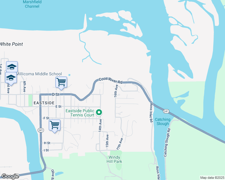 map of restaurants, bars, coffee shops, grocery stores, and more near 347 16th Avenue in Coos Bay