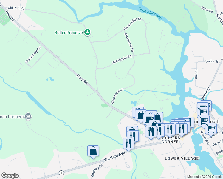 map of restaurants, bars, coffee shops, grocery stores, and more near 6 Commons Lane in Kennebunk