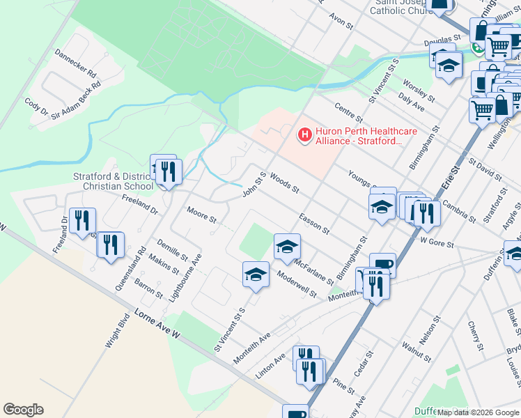 map of restaurants, bars, coffee shops, grocery stores, and more near 164 Redford Crescent in Stratford
