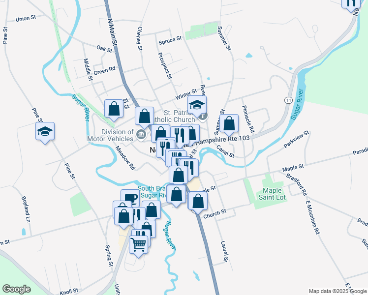 map of restaurants, bars, coffee shops, grocery stores, and more near 11 Sunapee Street in Newport
