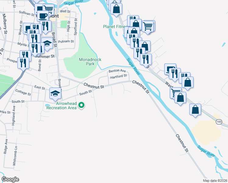 map of restaurants, bars, coffee shops, grocery stores, and more near 6 Dexter Hill Road in Claremont