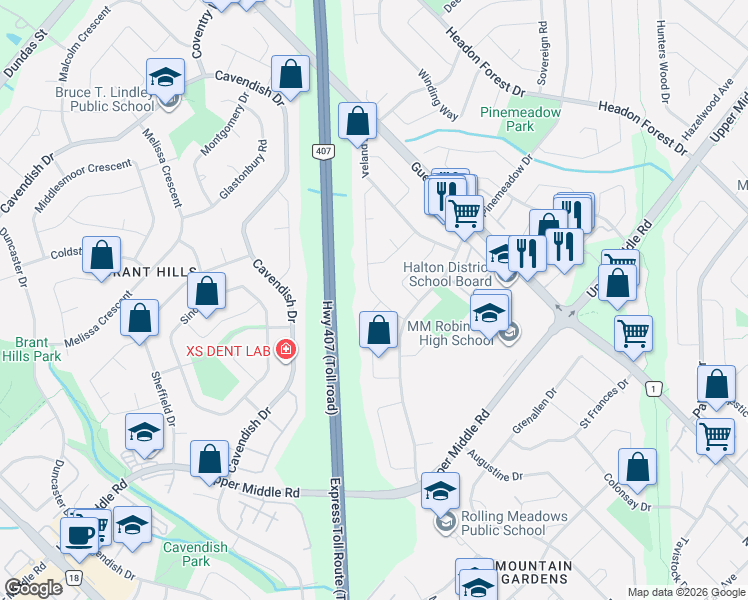 map of restaurants, bars, coffee shops, grocery stores, and more near 2144 Sandringham Drive in Burlington