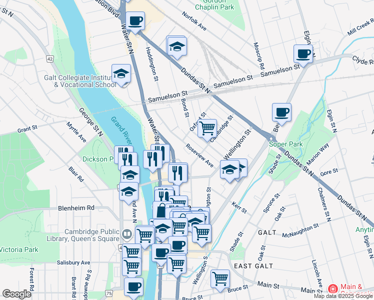 map of restaurants, bars, coffee shops, grocery stores, and more near 36 Roseview Avenue in Cambridge