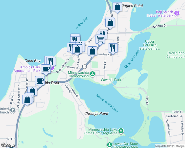 map of restaurants, bars, coffee shops, grocery stores, and more near 13 Bascom Street in Arnolds Park