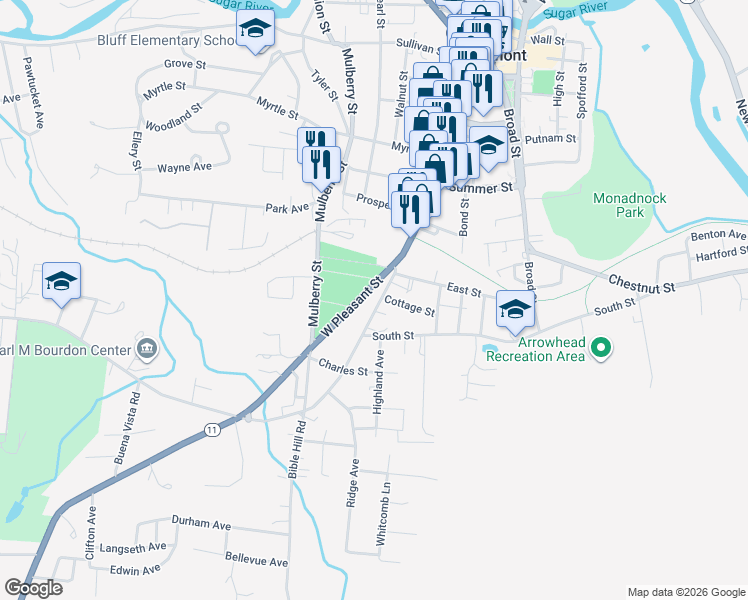 map of restaurants, bars, coffee shops, grocery stores, and more near 26 West Pleasant Street in Claremont
