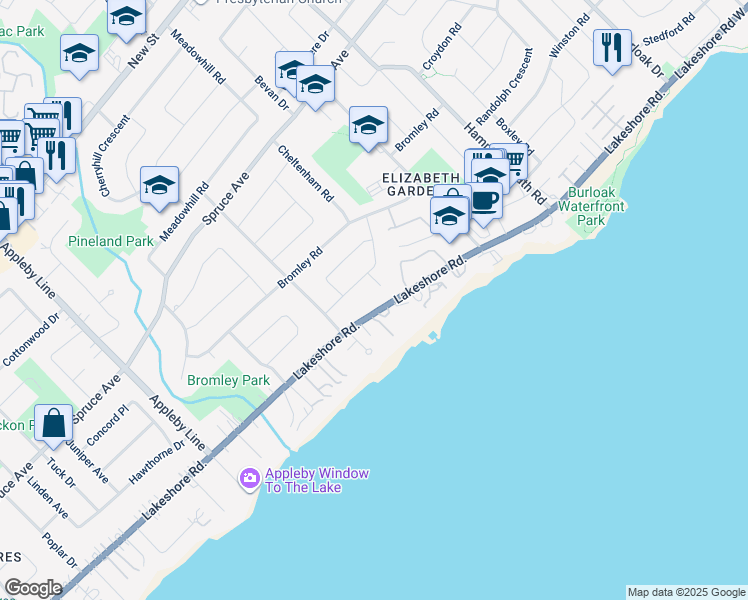 map of restaurants, bars, coffee shops, grocery stores, and more near 5205 Lakeshore Road in Burlington
