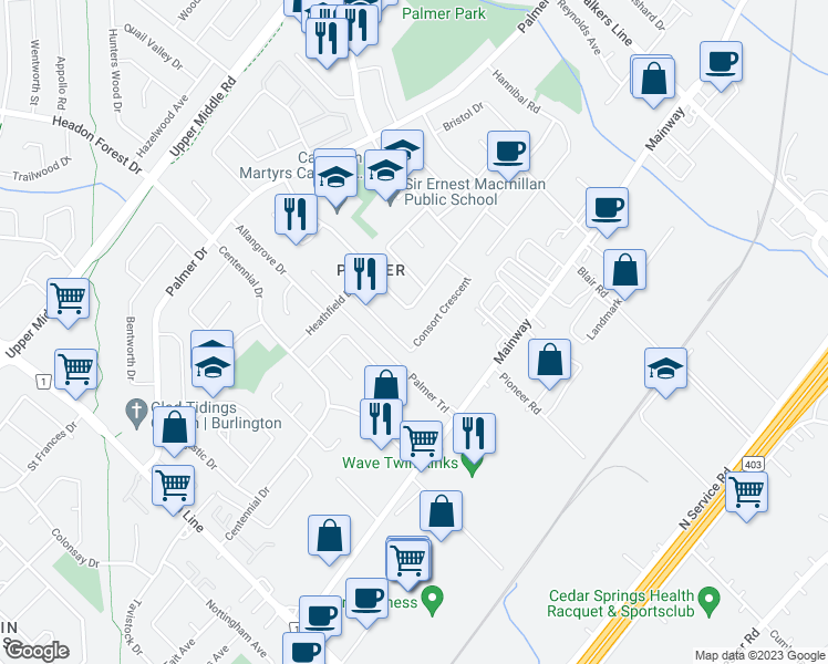 map of restaurants, bars, coffee shops, grocery stores, and more near 1273 Consort Crescent in Burlington