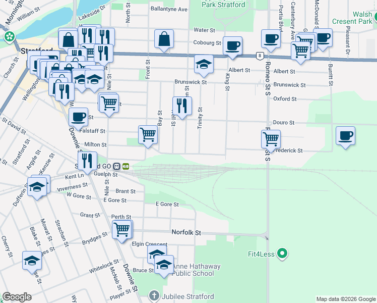 map of restaurants, bars, coffee shops, grocery stores, and more near 343 Queen Street in Stratford