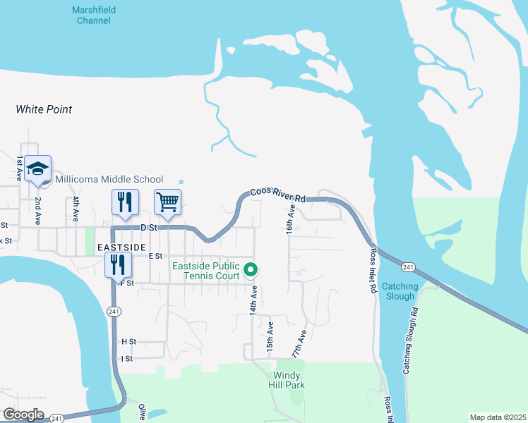 map of restaurants, bars, coffee shops, grocery stores, and more near 347 16th Avenue in Coos Bay