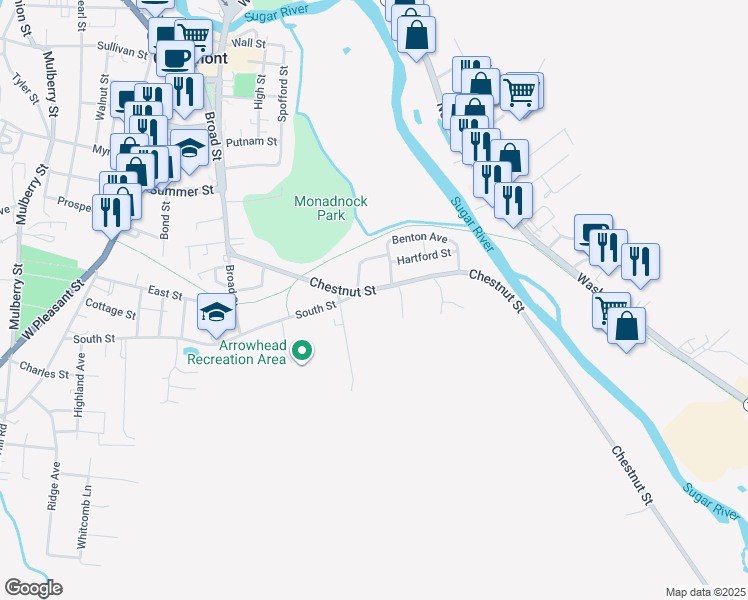 map of restaurants, bars, coffee shops, grocery stores, and more near 99 Chestnut Street in Claremont