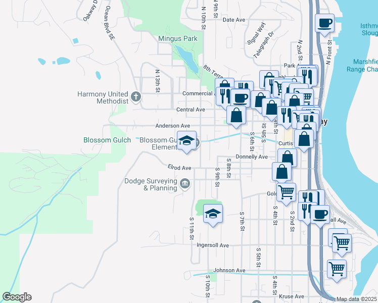map of restaurants, bars, coffee shops, grocery stores, and more near 333 South 10th Street in Coos Bay