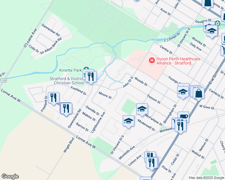 map of restaurants, bars, coffee shops, grocery stores, and more near 255 John Street South in Stratford