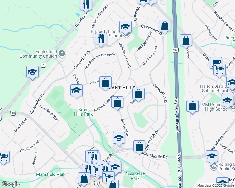 map of restaurants, bars, coffee shops, grocery stores, and more near 2192 Melissa Crescent in Burlington