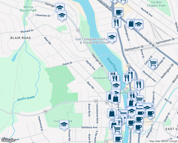 map of restaurants, bars, coffee shops, grocery stores, and more near 67 Park Avenue in Cambridge