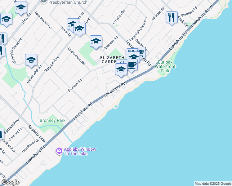 map of restaurants, bars, coffee shops, grocery stores, and more near 5250 Lakeshore Road in Burlington