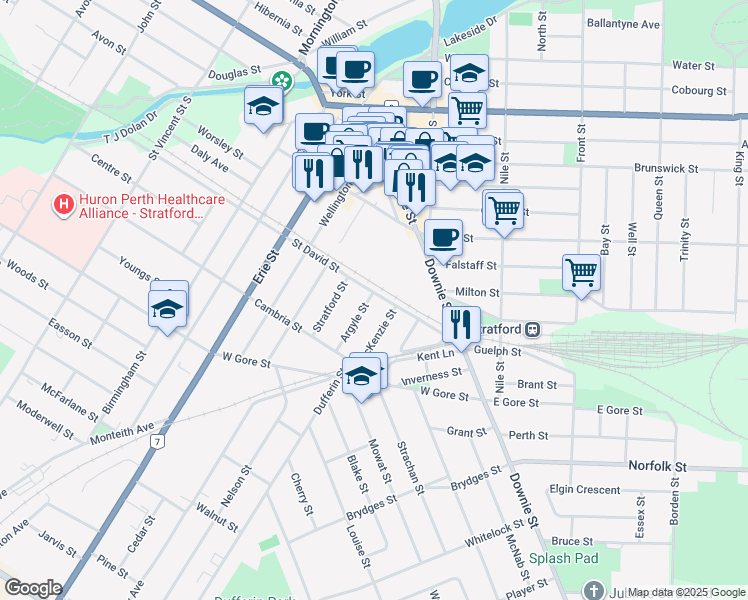 map of restaurants, bars, coffee shops, grocery stores, and more near 105 Saint David Street in Stratford