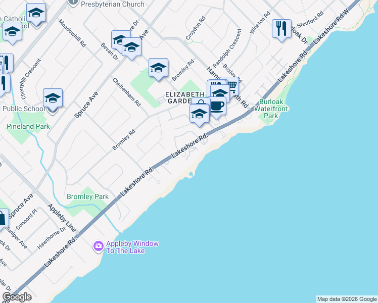 map of restaurants, bars, coffee shops, grocery stores, and more near 5238 Lakeshore Road in Burlington
