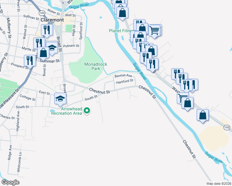 map of restaurants, bars, coffee shops, grocery stores, and more near 6 Dexter Hill Road in Claremont