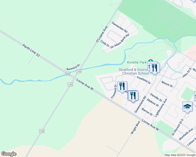 map of restaurants, bars, coffee shops, grocery stores, and more near 150 Athlone Crescent in Stratford