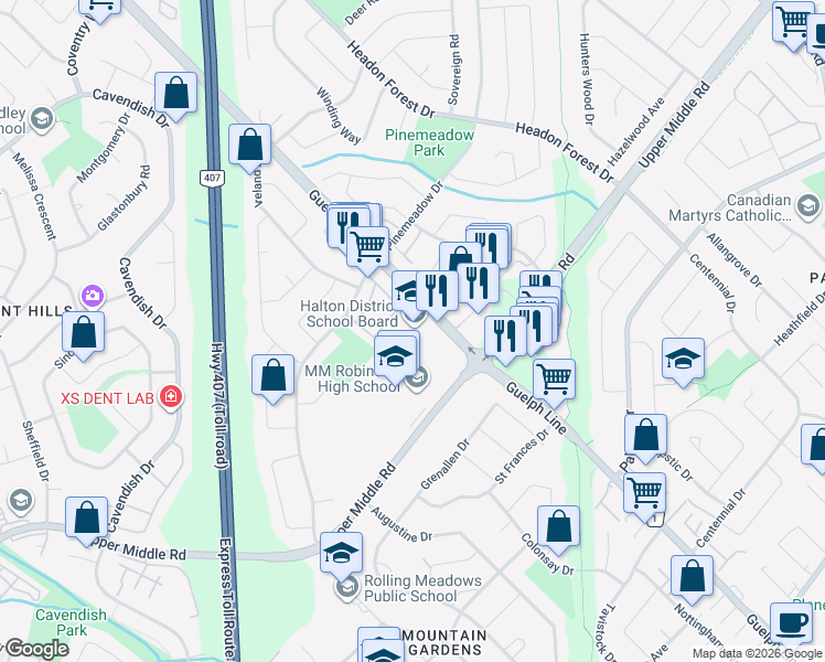 map of restaurants, bars, coffee shops, grocery stores, and more near 2050 Guelph Line in Burlington