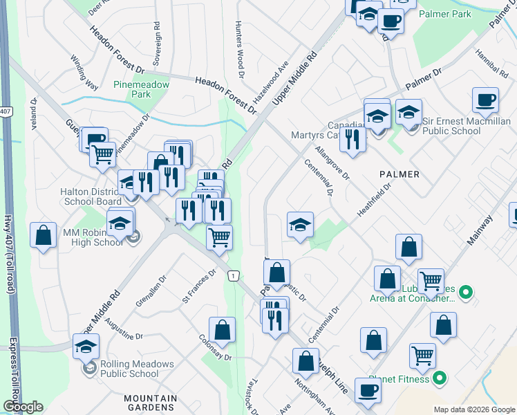 map of restaurants, bars, coffee shops, grocery stores, and more near 3127 Palmer Drive in Burlington