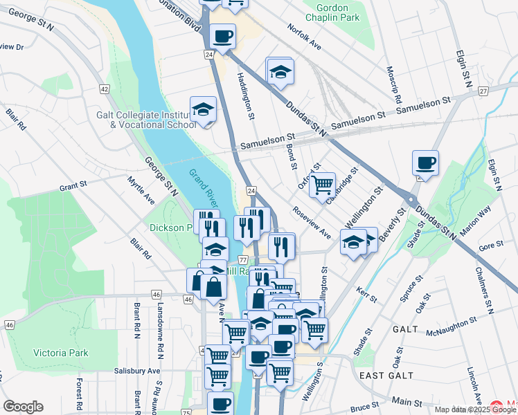 map of restaurants, bars, coffee shops, grocery stores, and more near 137 Water Street North in Cambridge