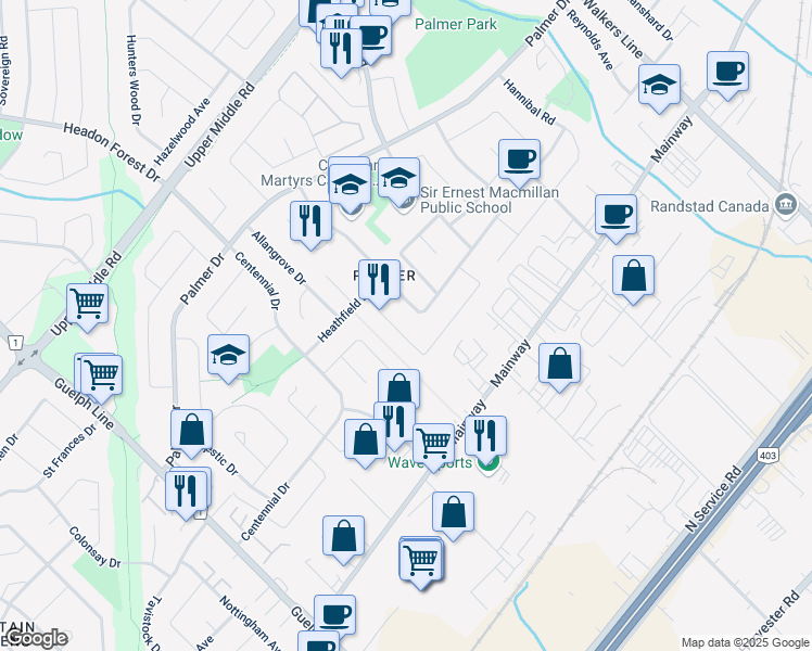 map of restaurants, bars, coffee shops, grocery stores, and more near 1305 Consort Crescent in Burlington