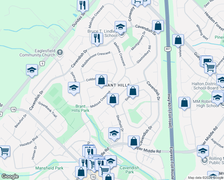 map of restaurants, bars, coffee shops, grocery stores, and more near 2192 Melissa Crescent in Burlington
