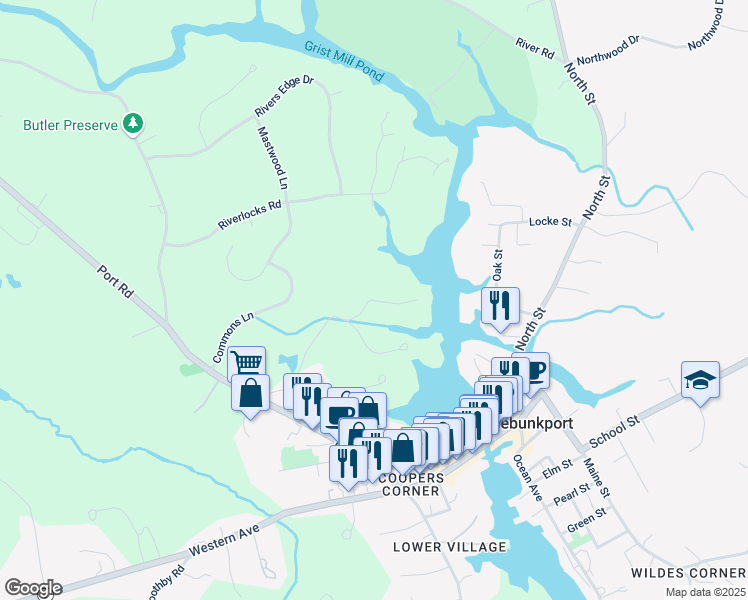 map of restaurants, bars, coffee shops, grocery stores, and more near 2 Ship Locks Drive in Kennebunk