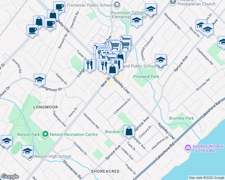 map of restaurants, bars, coffee shops, grocery stores, and more near 4507 Cosburn Crescent in Burlington