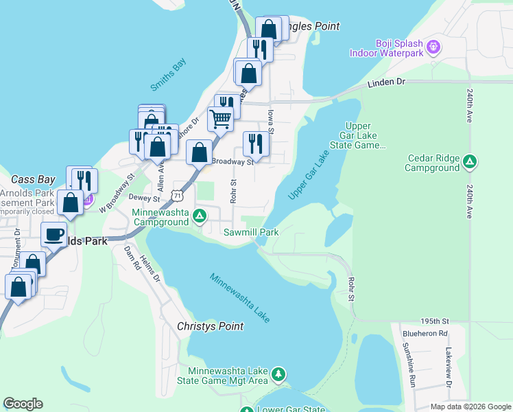 map of restaurants, bars, coffee shops, grocery stores, and more near 142 Rohr Street in Arnolds Park